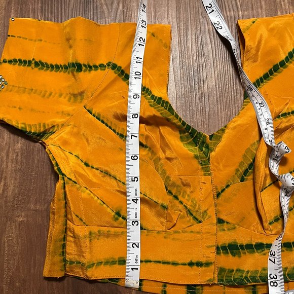 Mustard Yellow Shibori Tie Dye Saree Orange Green Chiffon Indian Sari - Picture 14 of 15